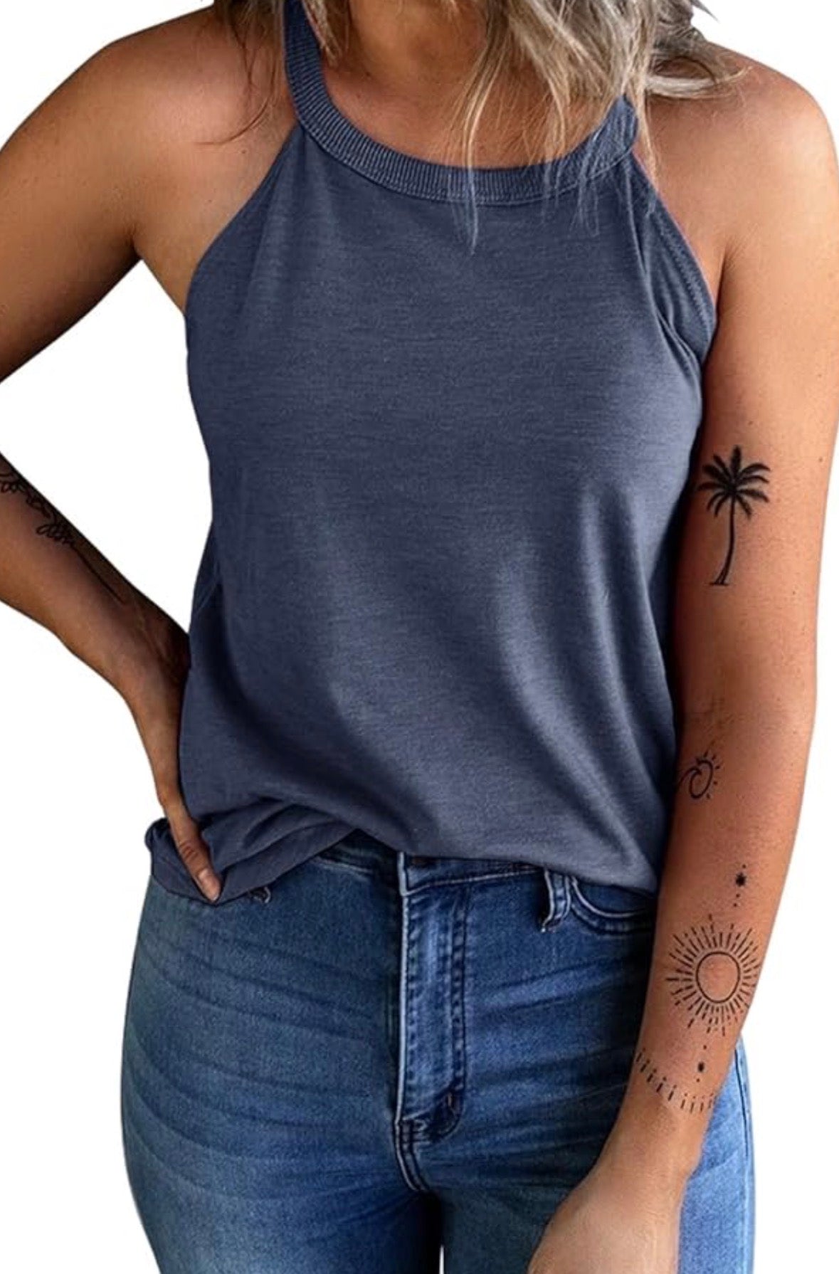 Grey Solid Color Crew Neck Tank Top
