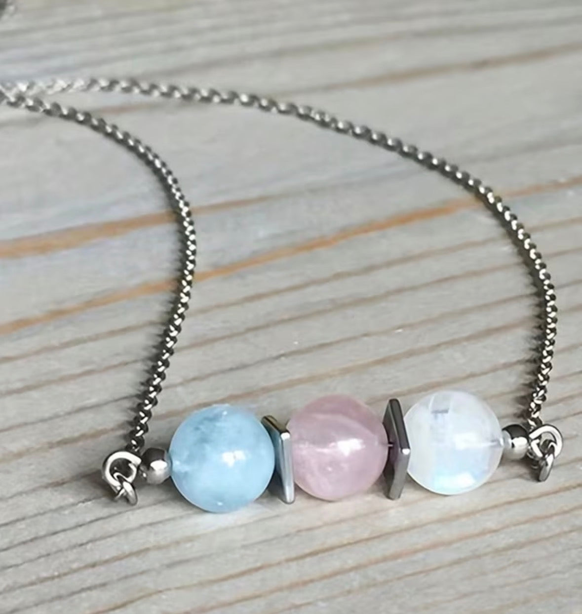 Aquamarine/ Rose Quartz/ Moonstone Beaded Necklace
