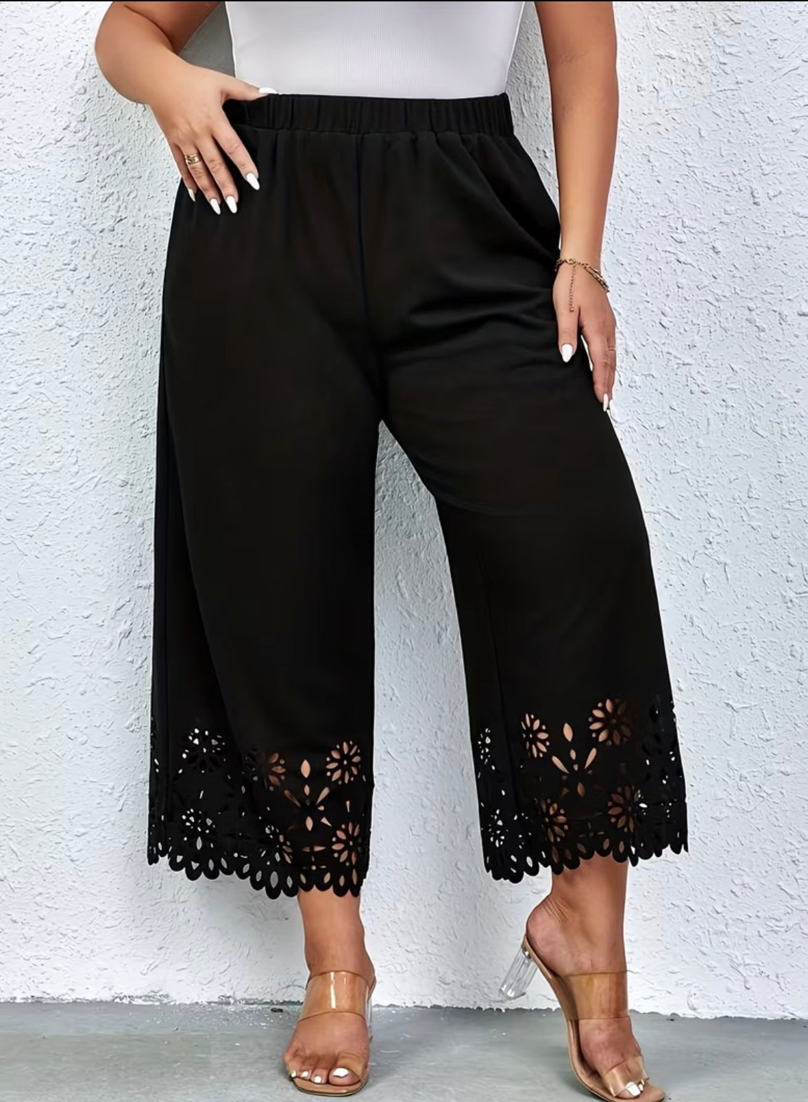 Plus Size Crop Pants with Floral Lace Trim