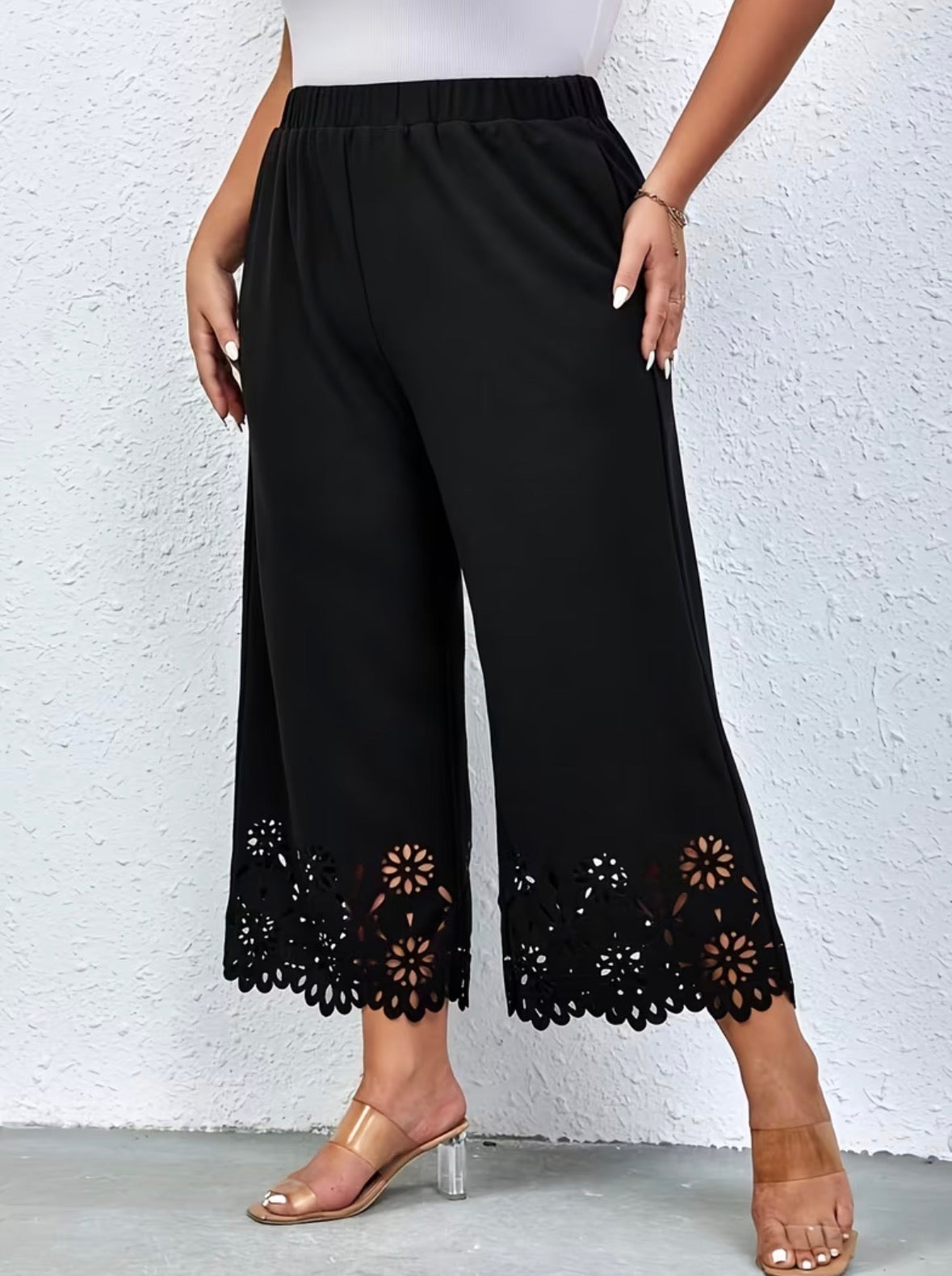Plus Size Crop Pants with Floral Lace Trim