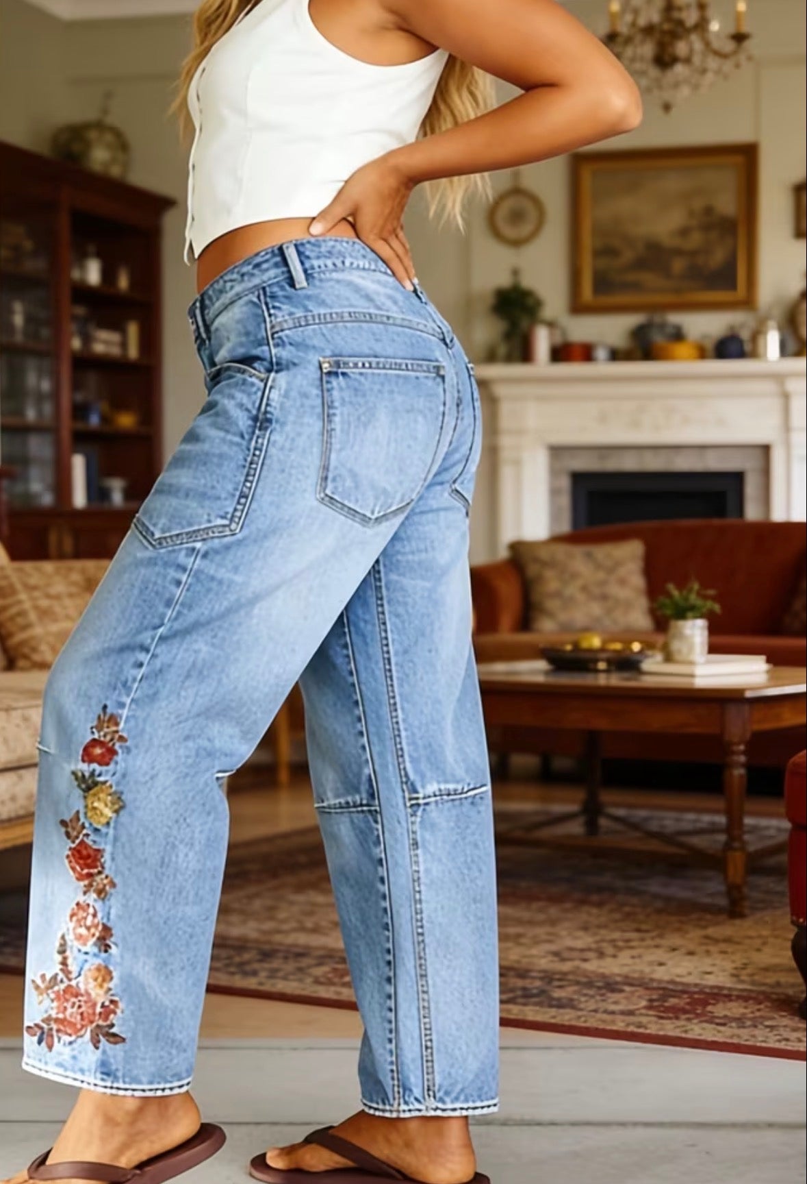 Bohemian Retro Style Wide Leg Denim Jeans with Floral Embroidery Design