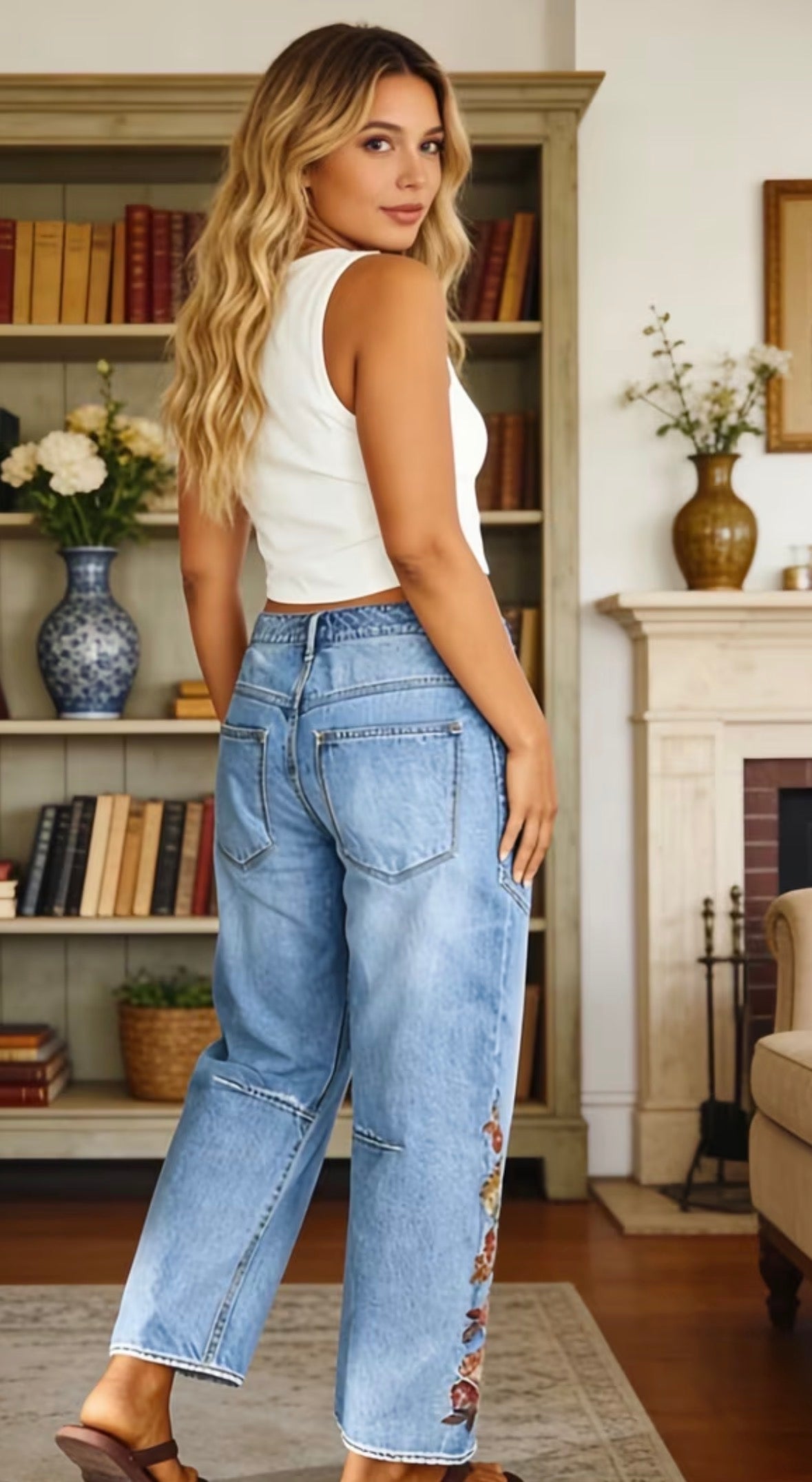 Bohemian Retro Style Wide Leg Denim Jeans with Floral Embroidery Design