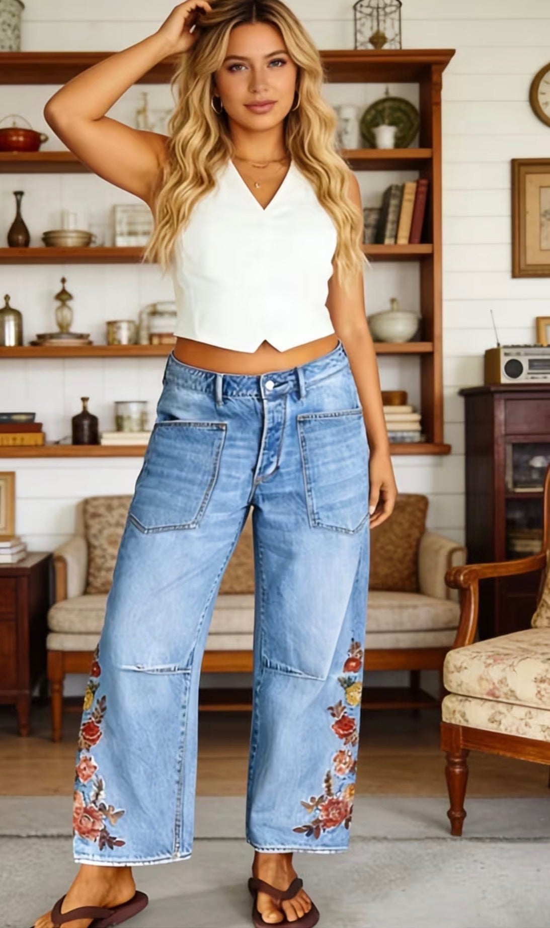 Bohemian Retro Style Wide Leg Denim Jeans with Floral Embroidery Design