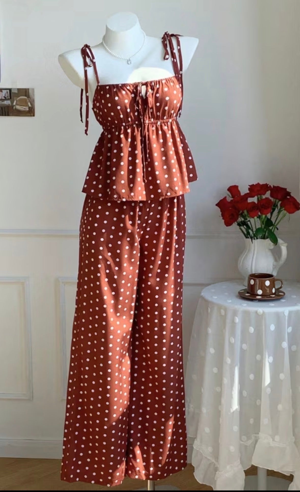 Polka-Dot Cami Style Waist-Cinched Top with Wide-Leg Pants
