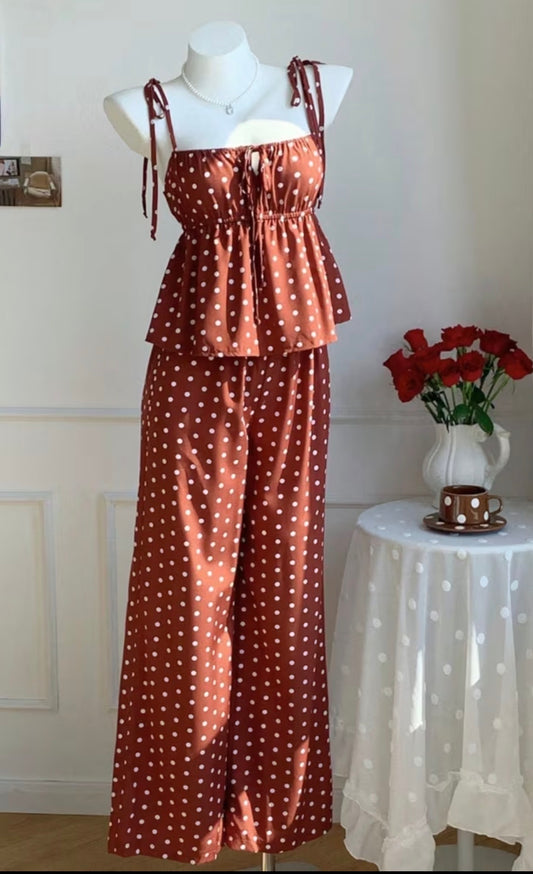 Polka-Dot Cami Style Waist-Cinched Top with Wide-Leg Pants