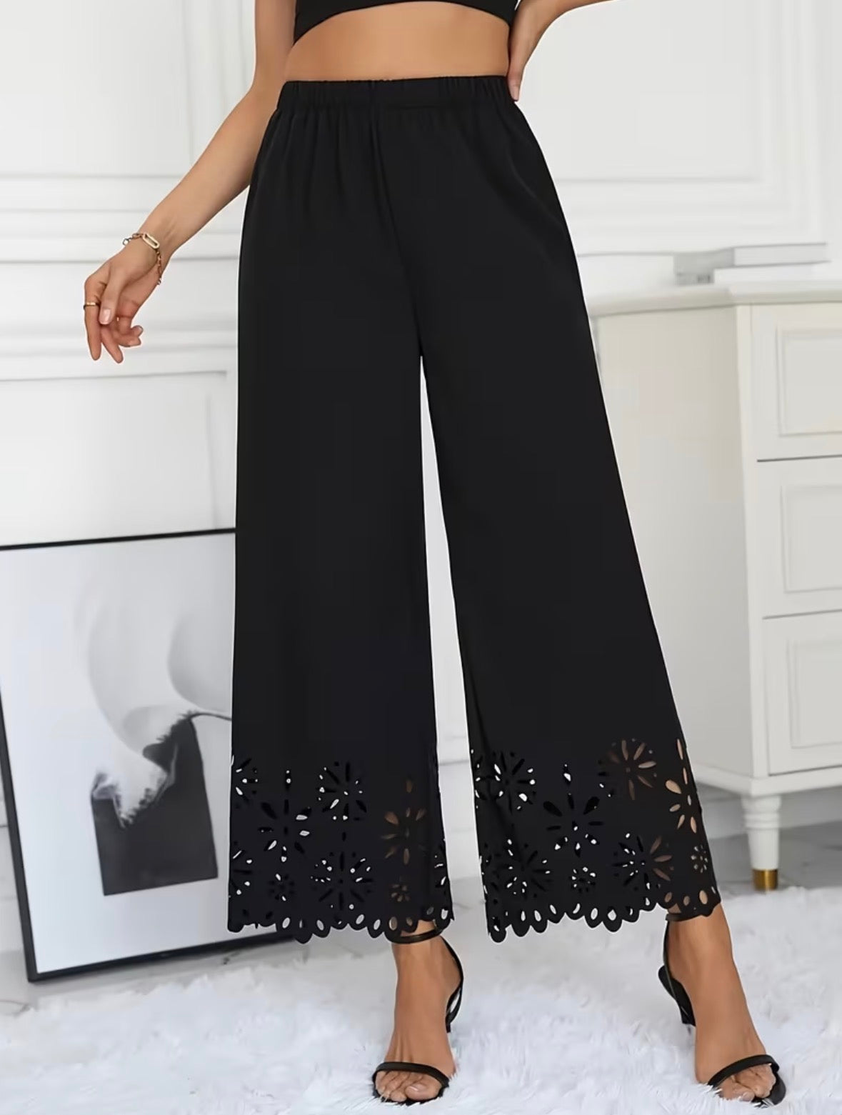 Wide-Leg Pants with Cut Out Trim