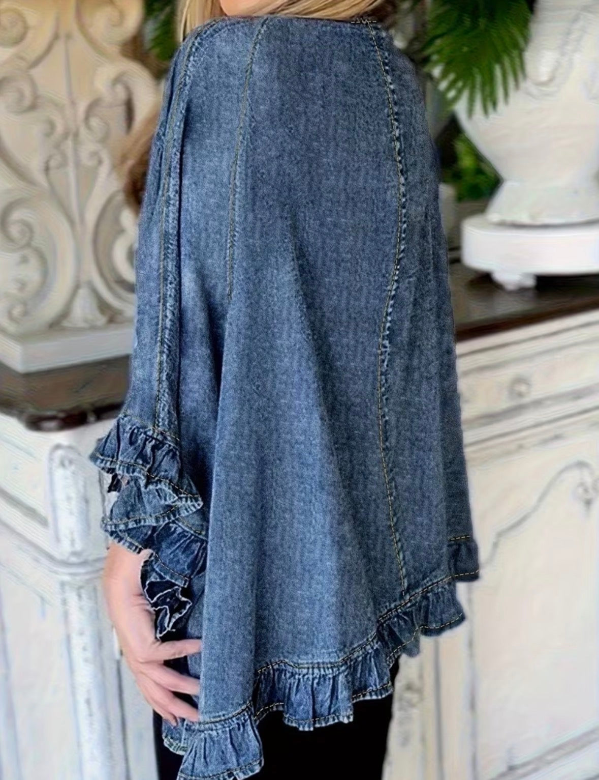Vintage Denim Jacket with Ruffle Flared Three-Quarter Sleeves