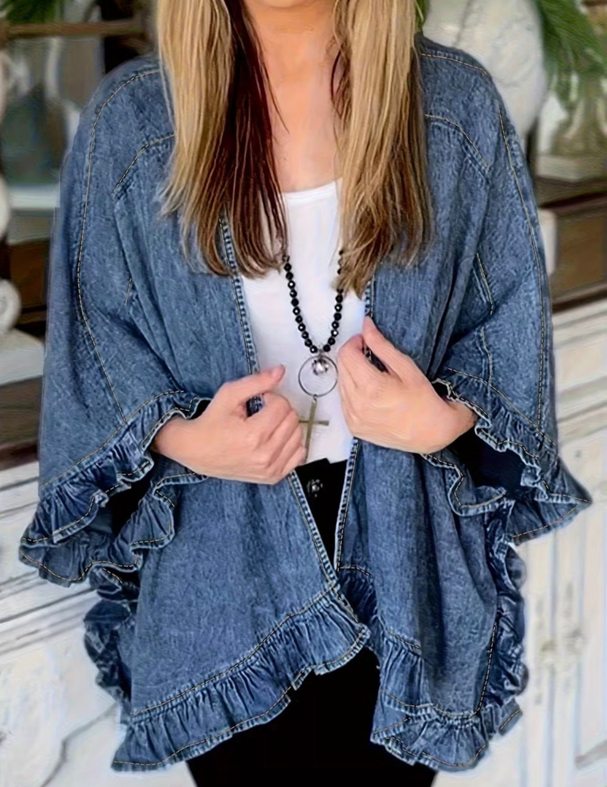Vintage Denim Jacket with Ruffle Flared Three-Quarter Sleeves