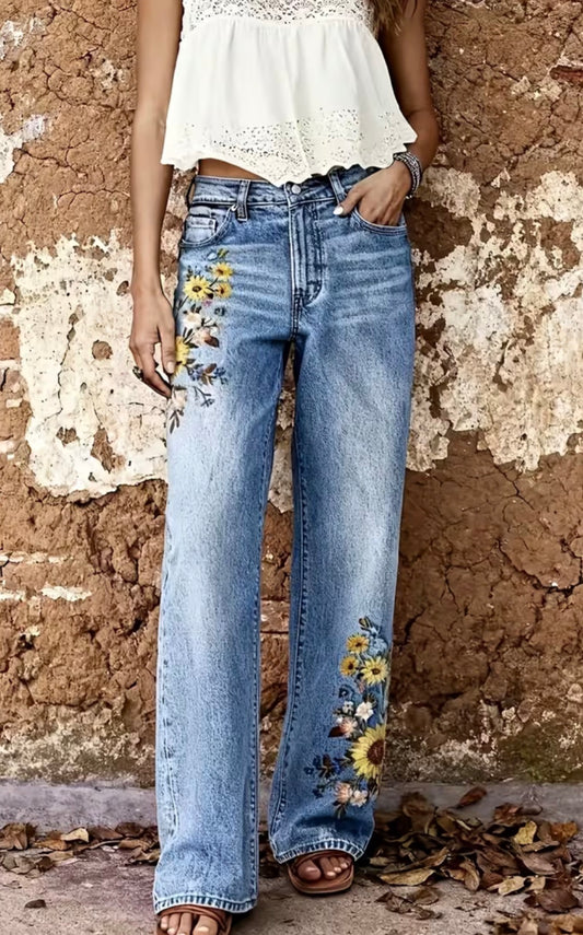 Vintage Straight-Leg Jeans Featuring an Embroidered Sunflower Design