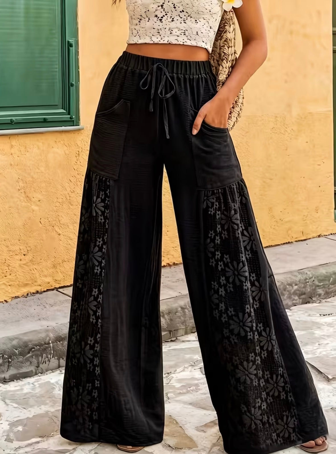 Wide-Leg Pants with Semi-Sheer Lace Panel