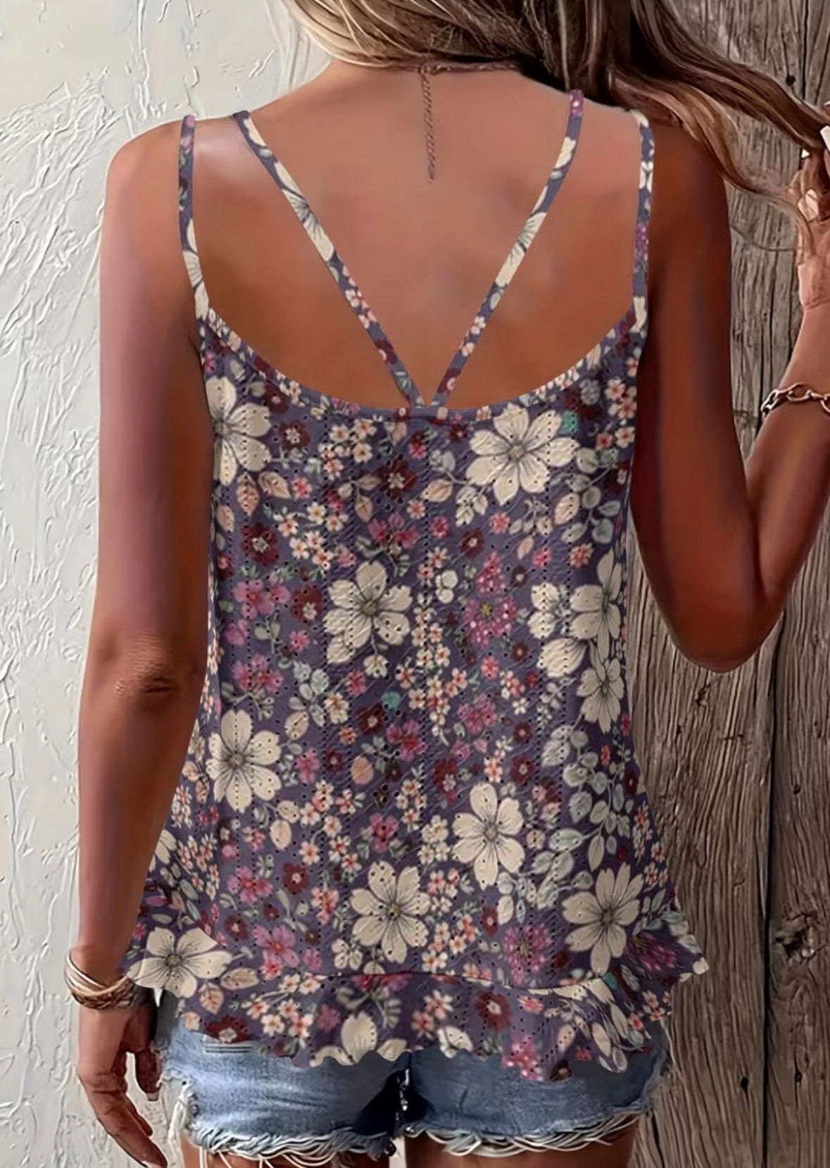 Sleeveless Floral Tank Top with Double-layer Ruffle Hem