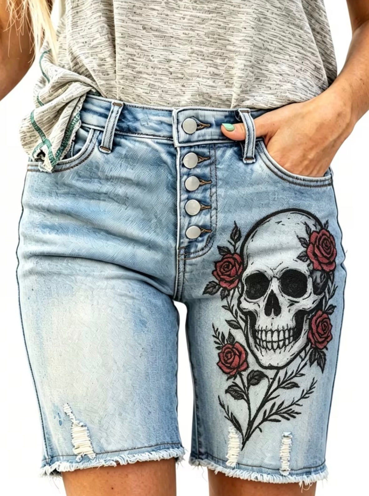Skull Floral Embroidery Denim Shorts