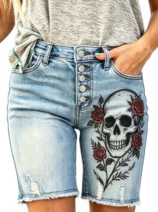 Skull Floral Embroidery Denim Shorts