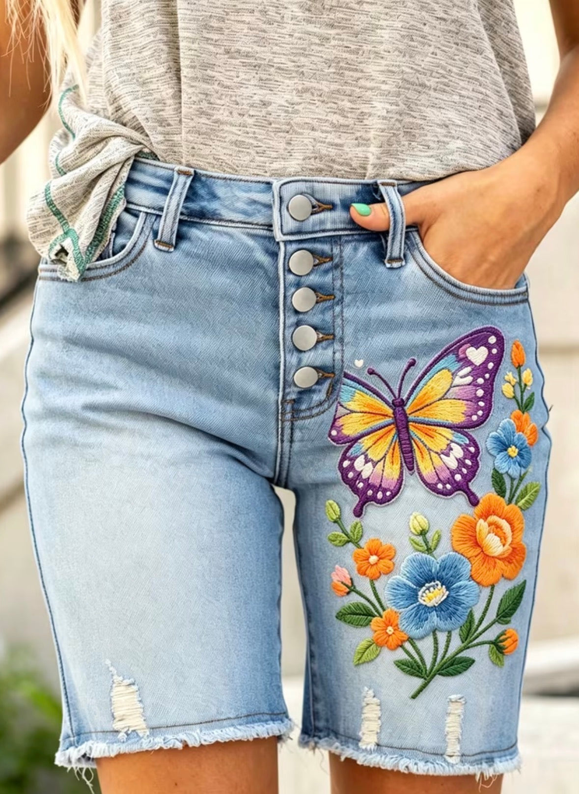 Butterfly Floral Embroidery Denim Shorts