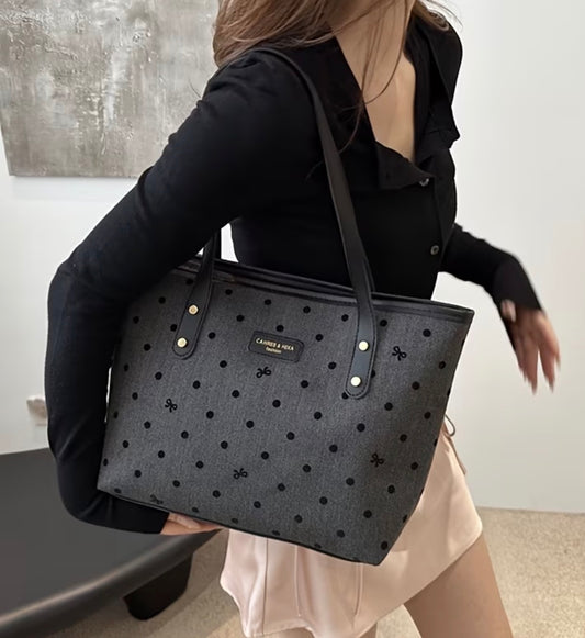 Black “POLKA DOTS and BOWS” Large Capacity Nylon Tote Bag