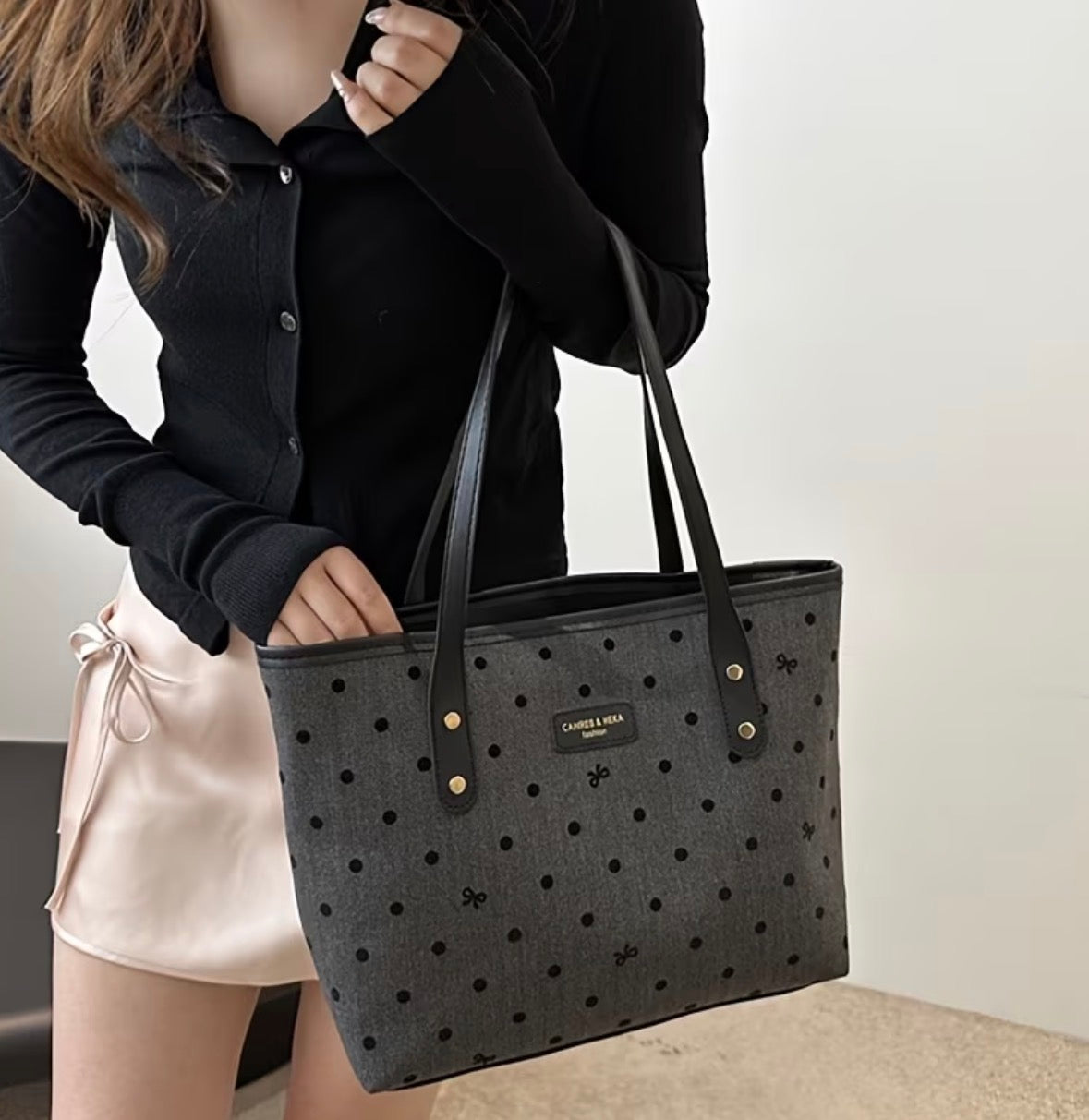 Black “POLKA DOTS and BOWS” Large Capacity Nylon Tote Bag