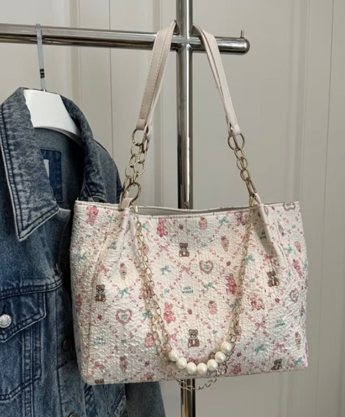 Large Capacity Tote-bag with Bows Bears and Hearts