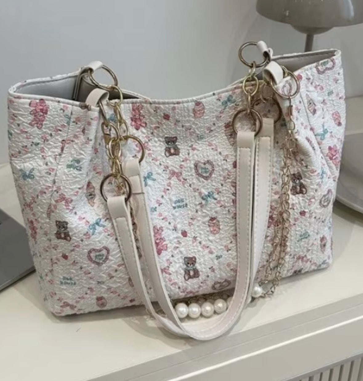 Large Capacity Tote-bag with Bows Bears and Hearts