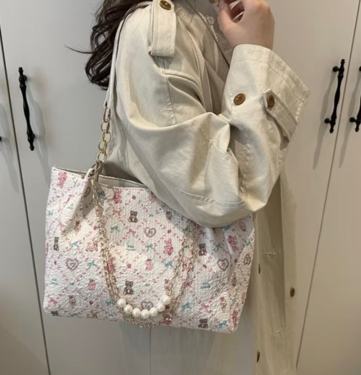 Large Capacity Tote-bag with Bows Bears and Hearts
