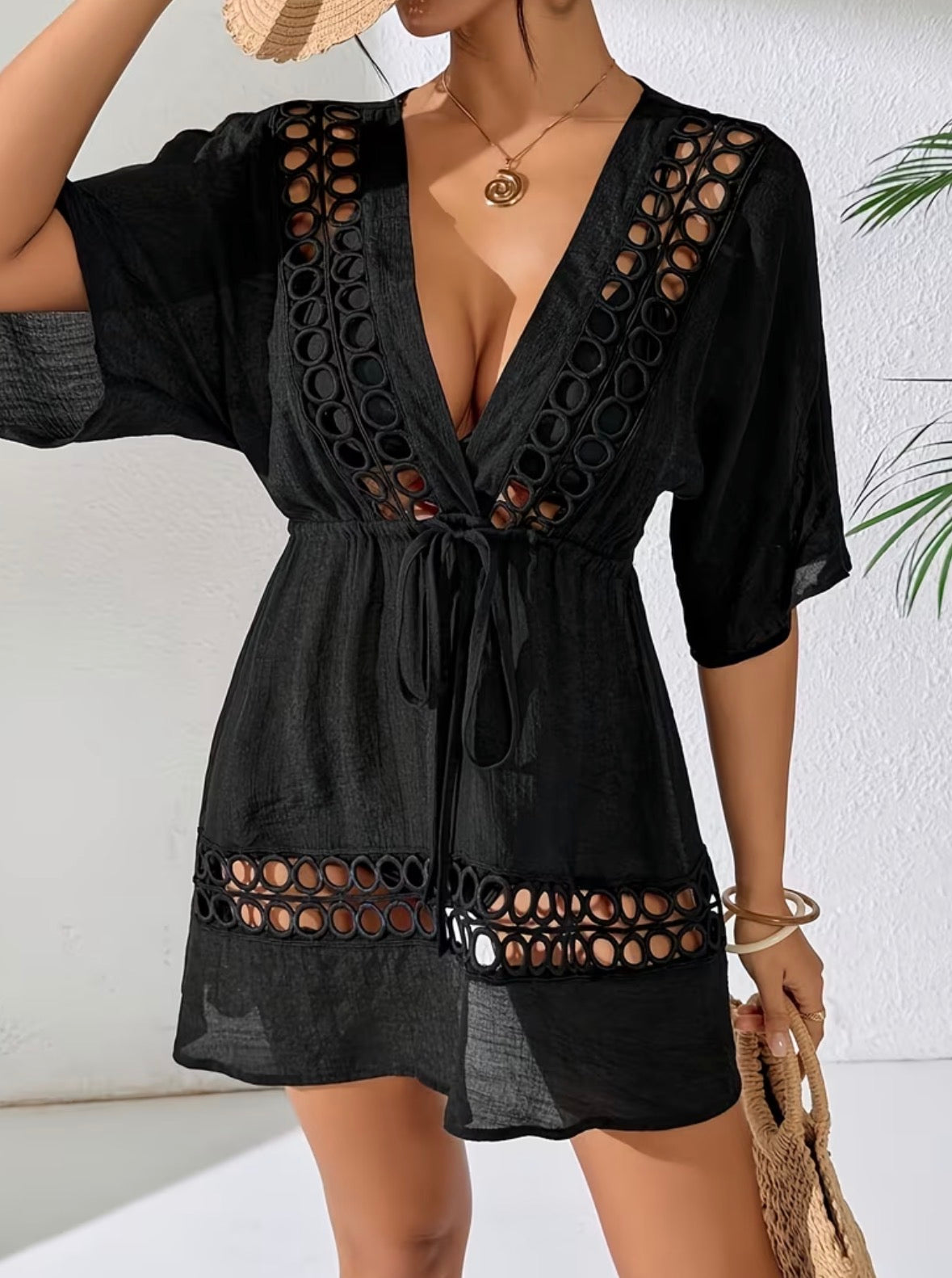 Short V-Neck Beach Cover Up  - Crochet Lace Trim Swimsuit Coverup Adjustable Drawstring Waist