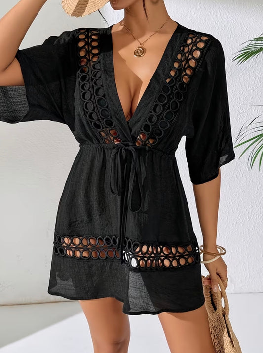 Short V-Neck Beach Cover Up  - Crochet Lace Trim Swimsuit Coverup Adjustable Drawstring Waist