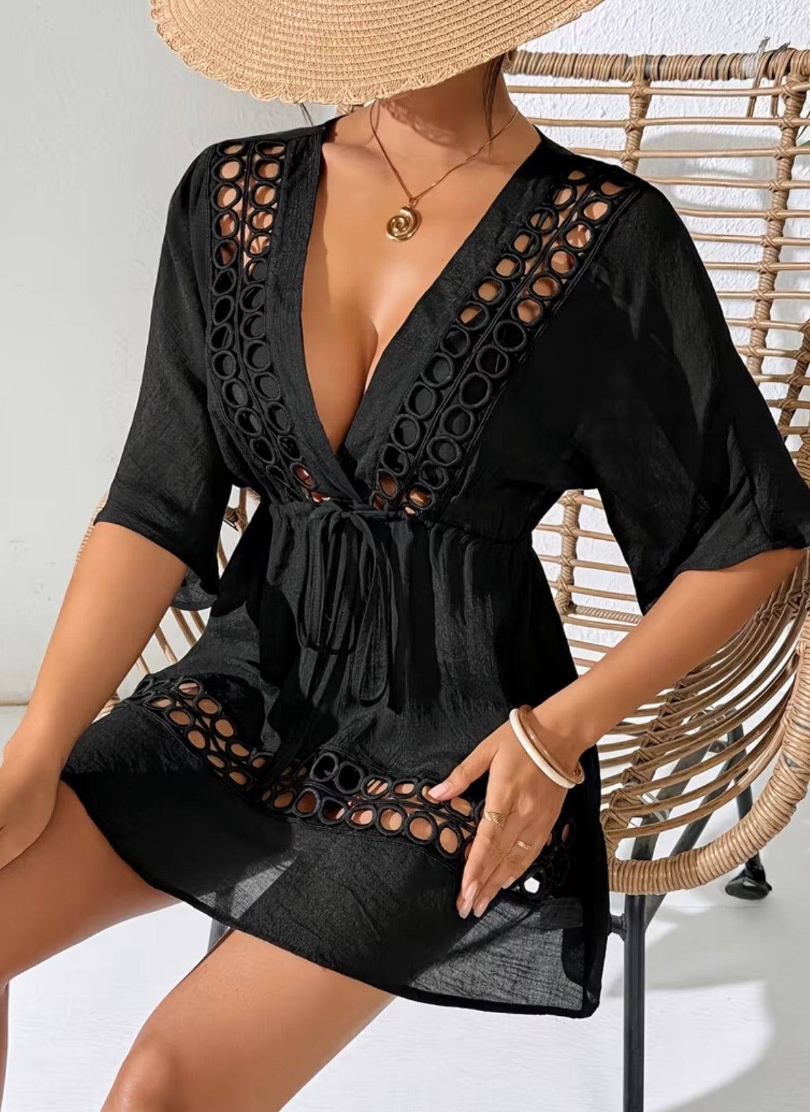 Short V-Neck Beach Cover Up  - Crochet Lace Trim Swimsuit Coverup Adjustable Drawstring Waist