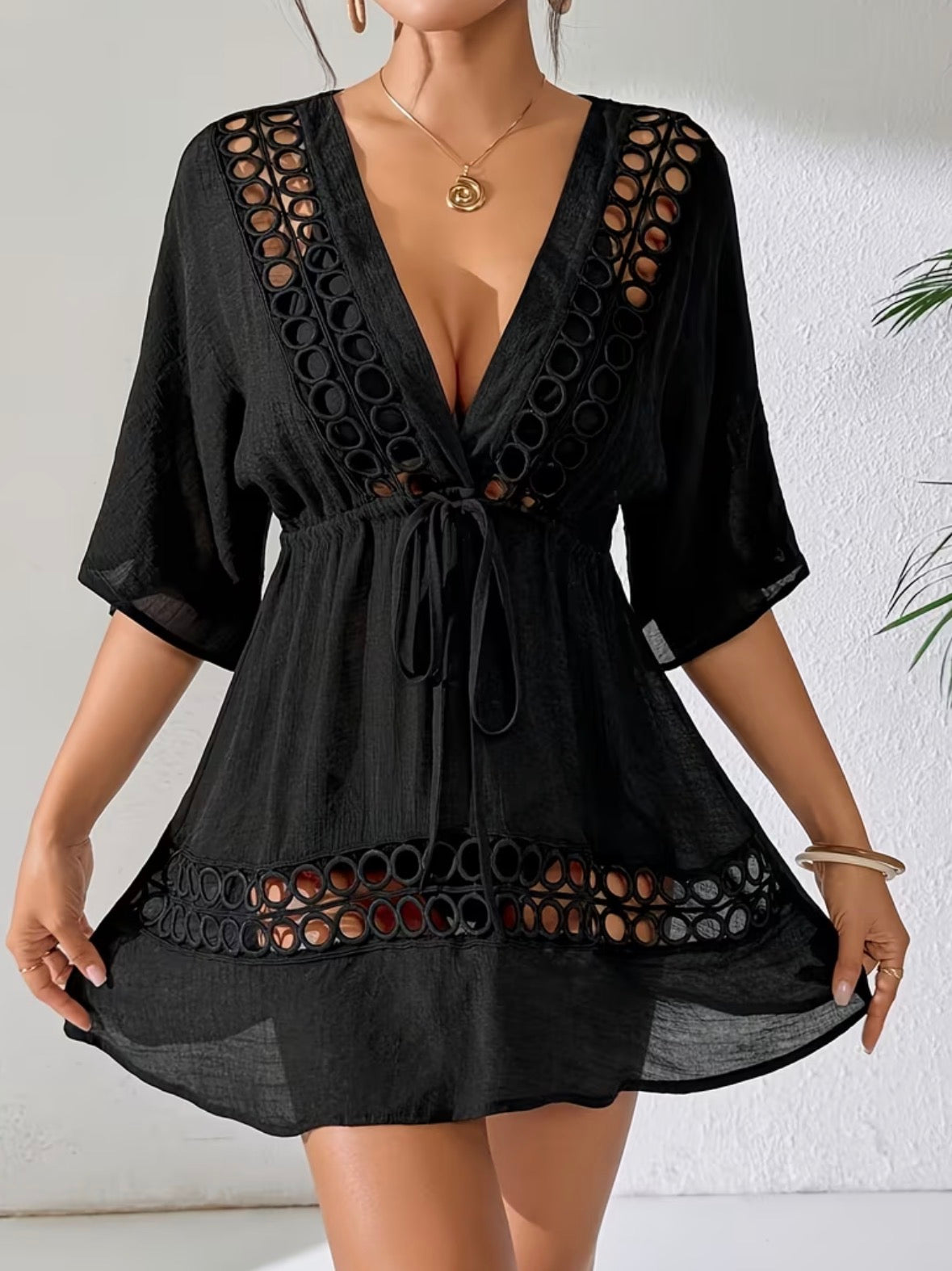 Short V-Neck Beach Cover Up  - Crochet Lace Trim Swimsuit Coverup Adjustable Drawstring Waist