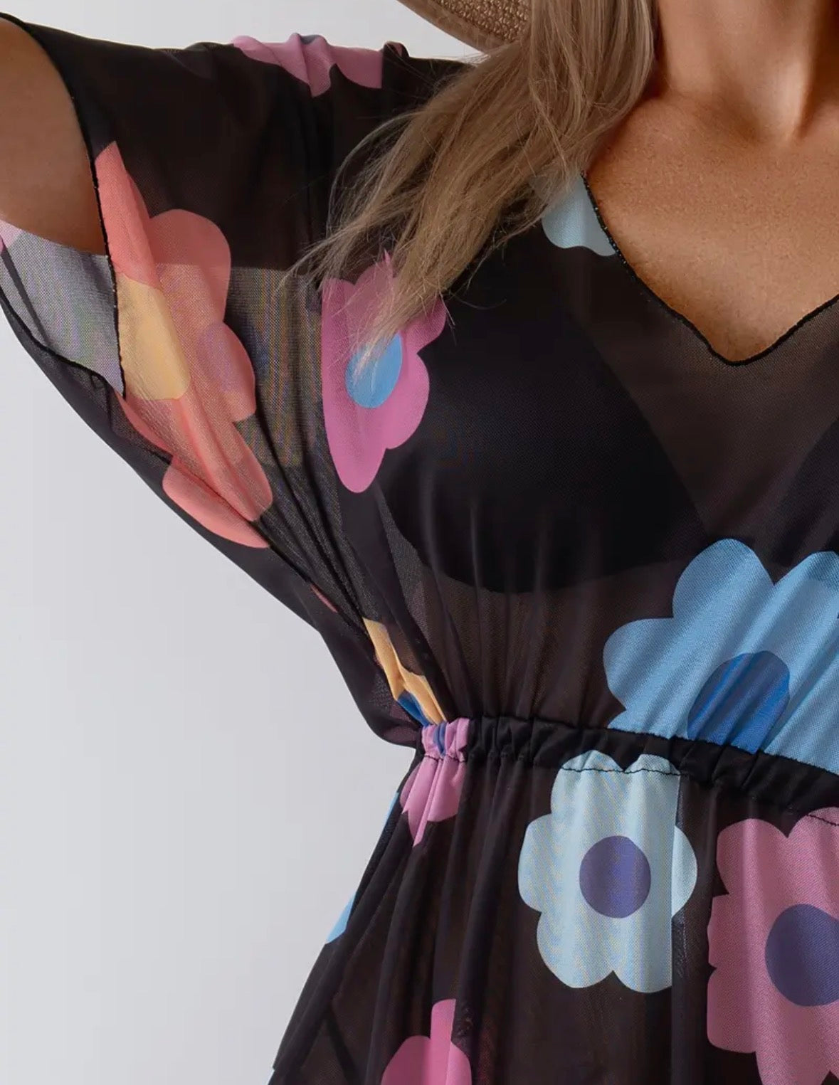 Short Color Block Floral Cover Up with a Drawstring
