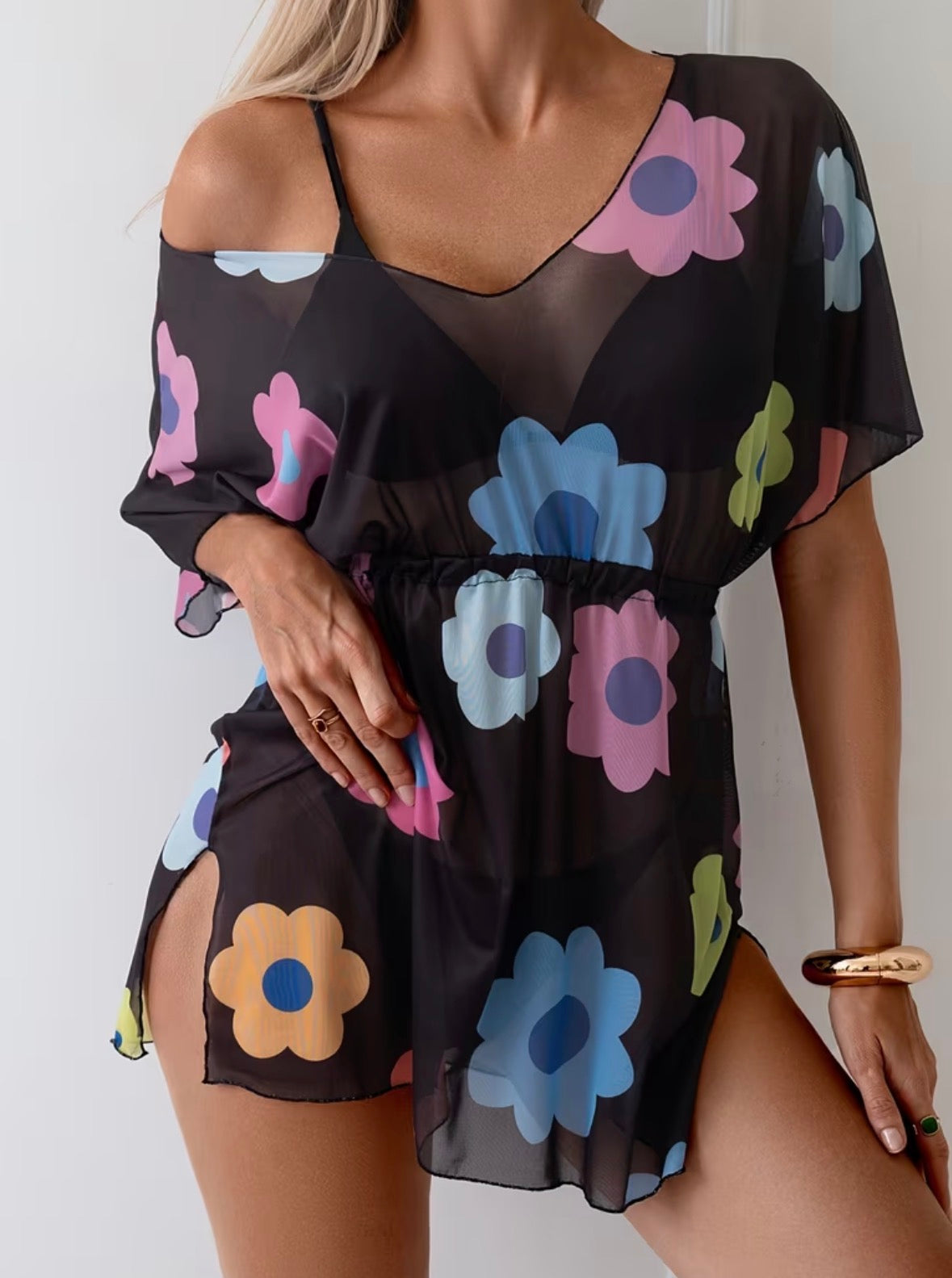 Short Color Block Floral Cover Up with a Drawstring