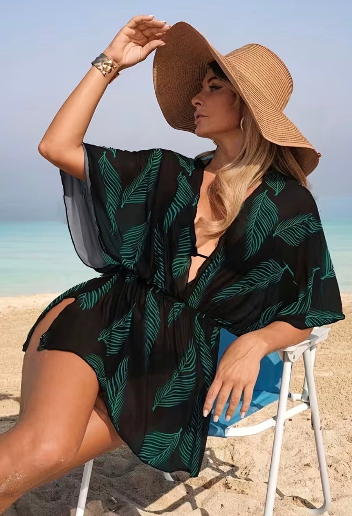 Short Tropical Leaf Print Sheer Swimsuit Cover-up