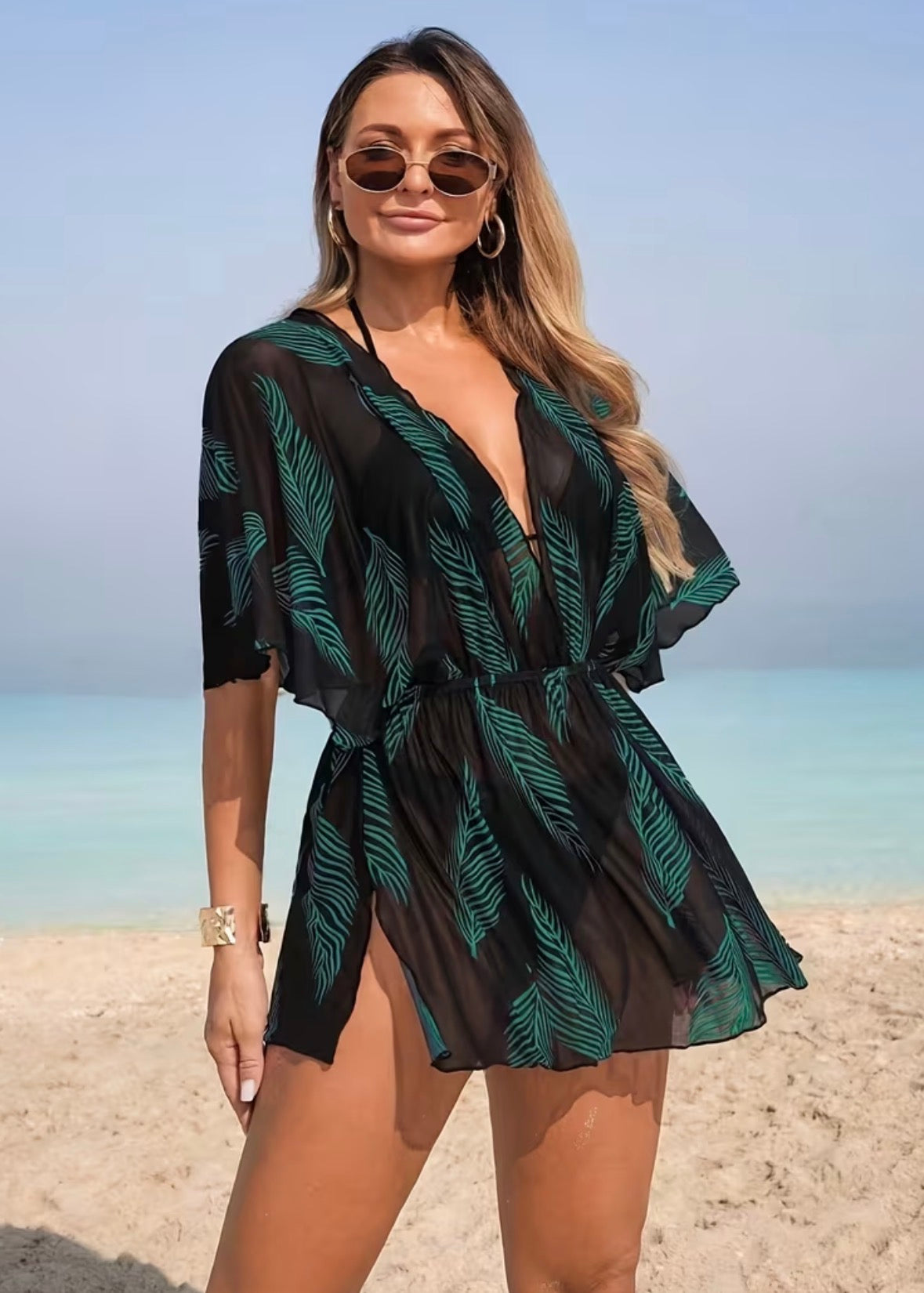 Short Tropical Leaf Print Sheer Swimsuit Cover-up