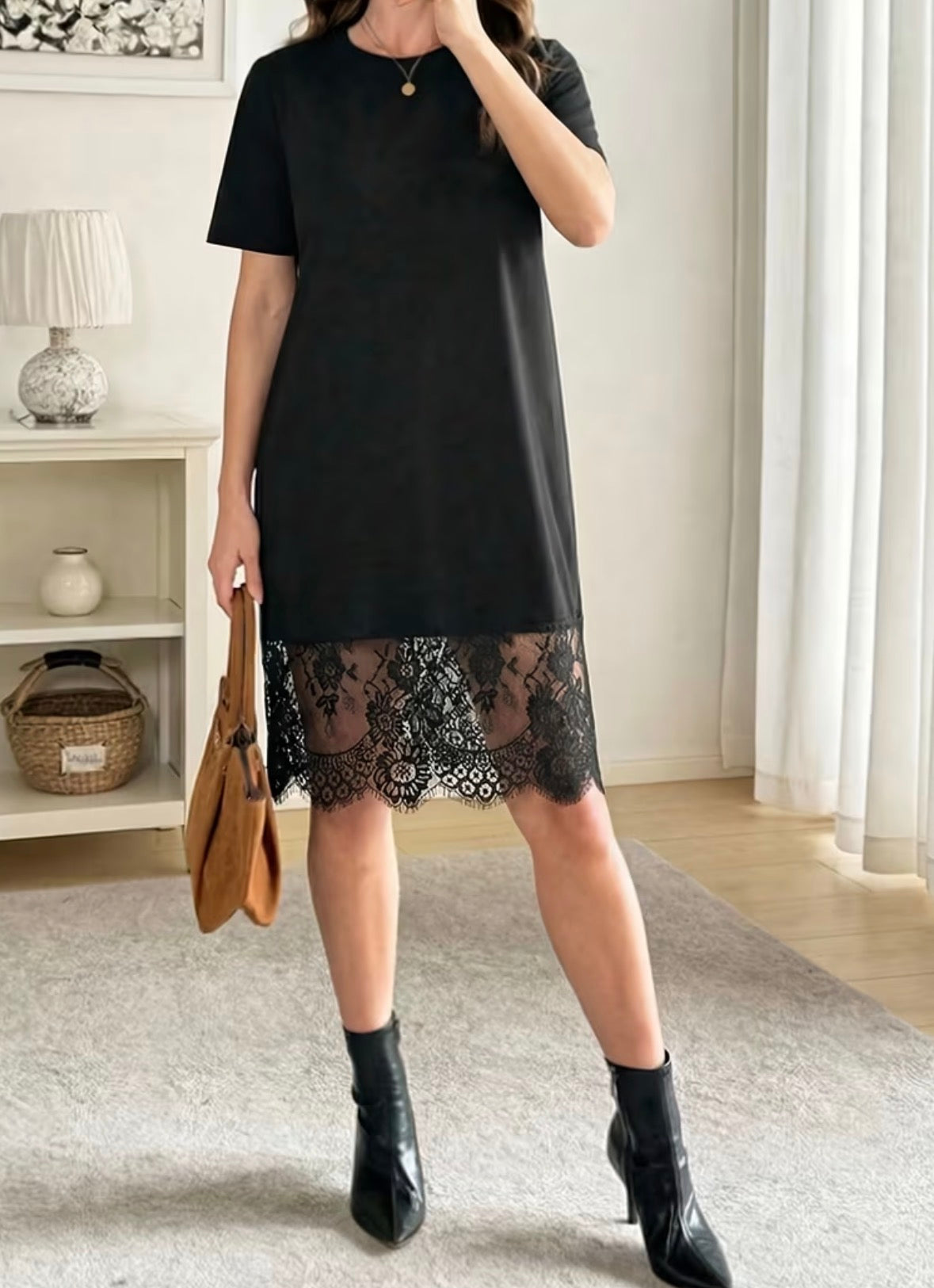 Short Sleeve T-shirt Dress with Lace Trim