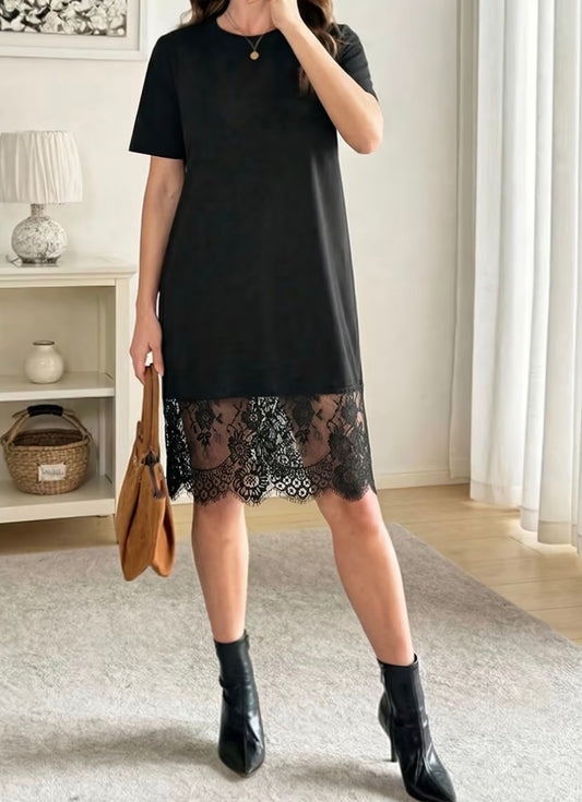 Short Sleeve T-shirt Dress with Lace Trim