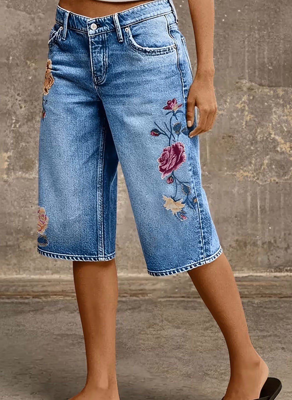 Mid-Waist Flower Embroidered Long Denim Shorts