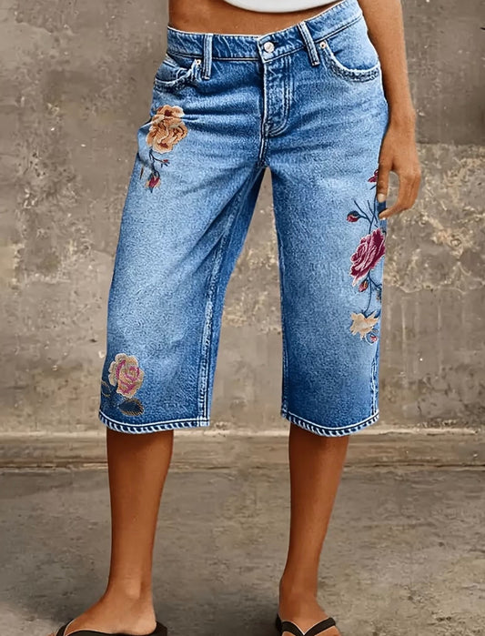 Mid-Waist Flower Embroidered Long Denim Shorts