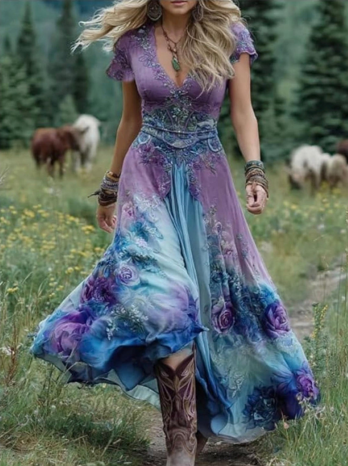 High Waisted Vintage Floral Bohemian Dress