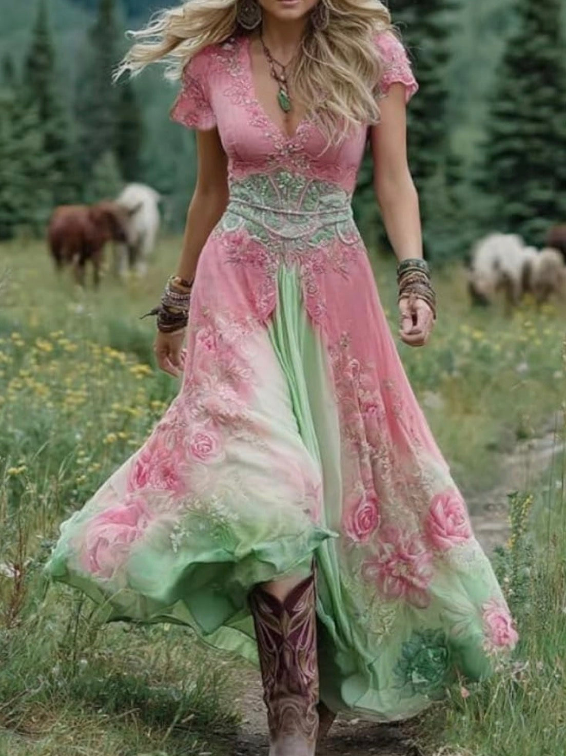 High Waisted Vintage Floral Bohemian Dress