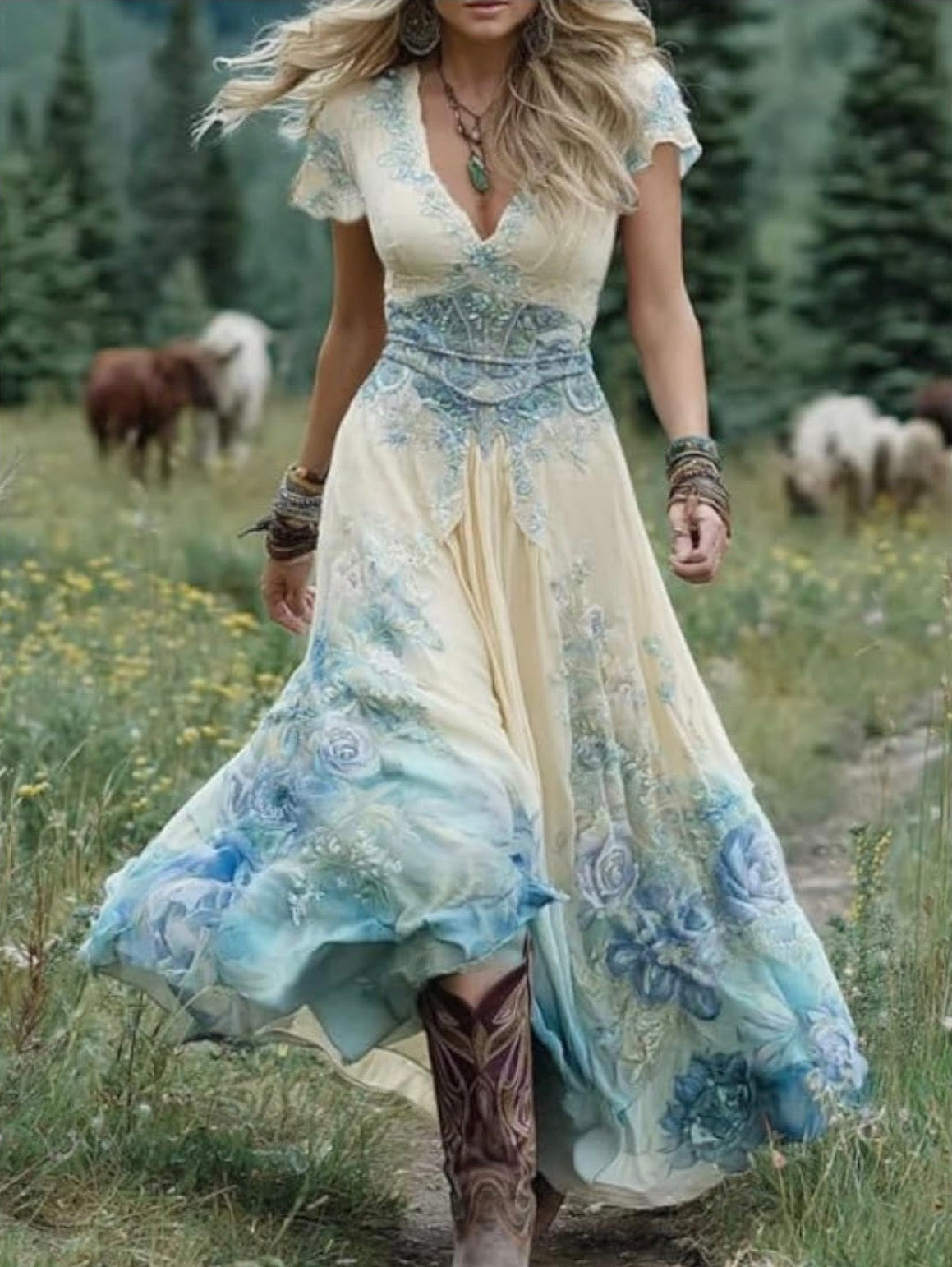 High Waisted Vintage Floral Bohemian Dress