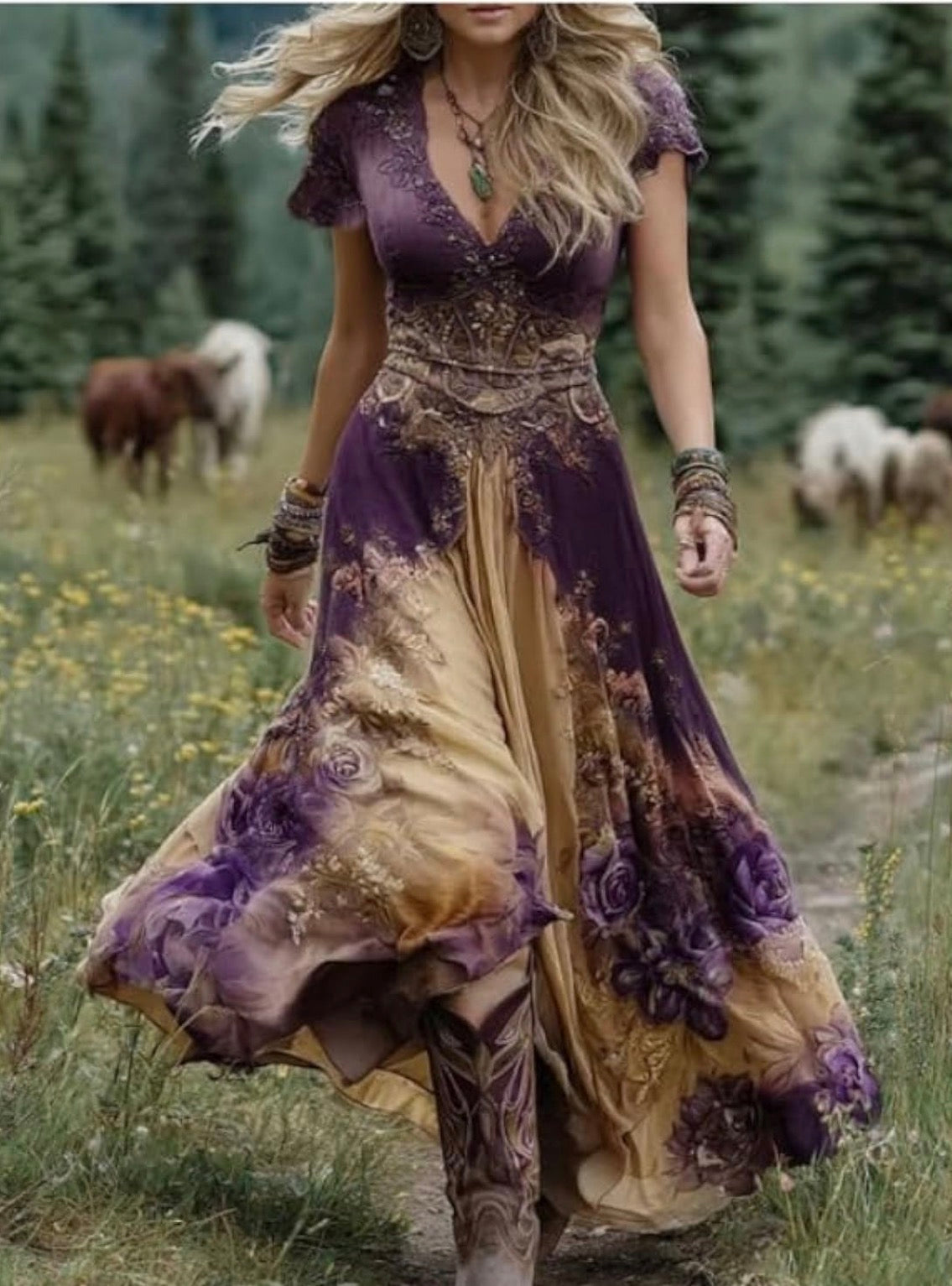 High Waisted Vintage Floral Bohemian Dress