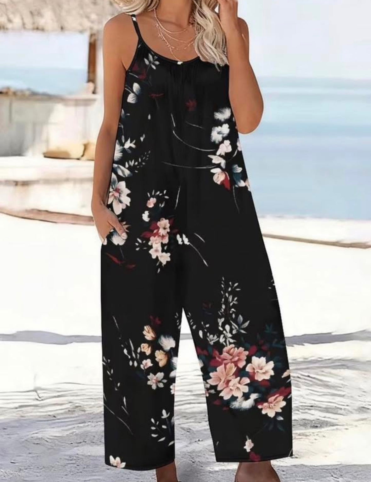 Plus Size Floral Plant And Grass Patterns Print Sleeveless Jumpsuit
