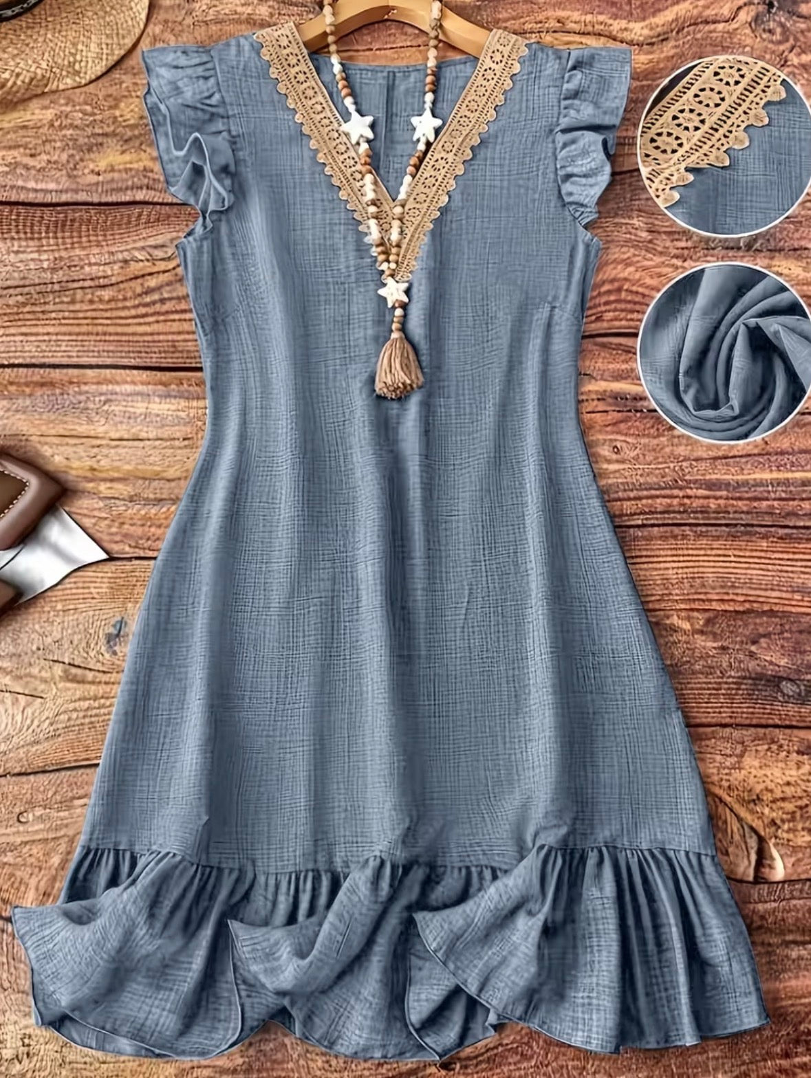 French-style Vintage V-neck Appliqué Ruffle A-line Dress