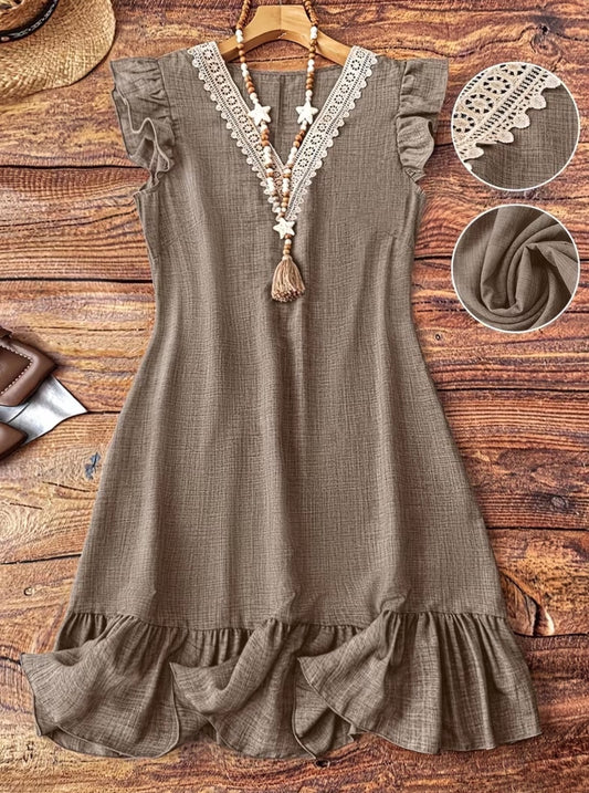 French-style Vintage V-neck Appliqué Ruffle A-line Dress