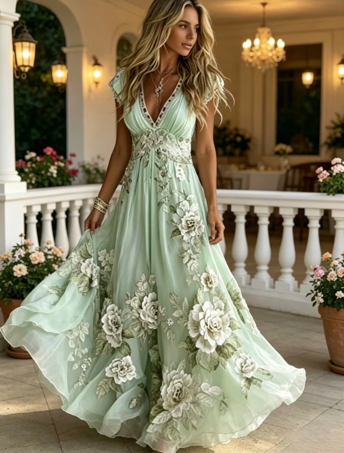 Short Sleeve Long Flared Floral Dress