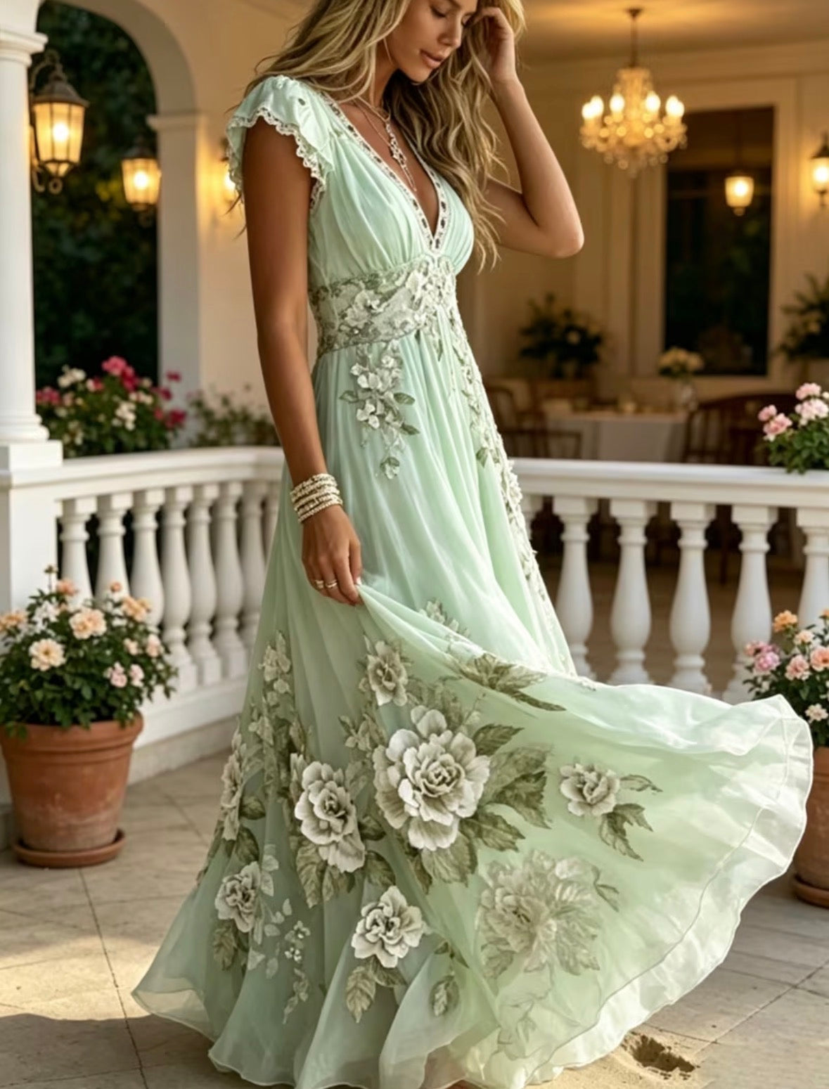 Short Sleeve Long Flared Floral Dress