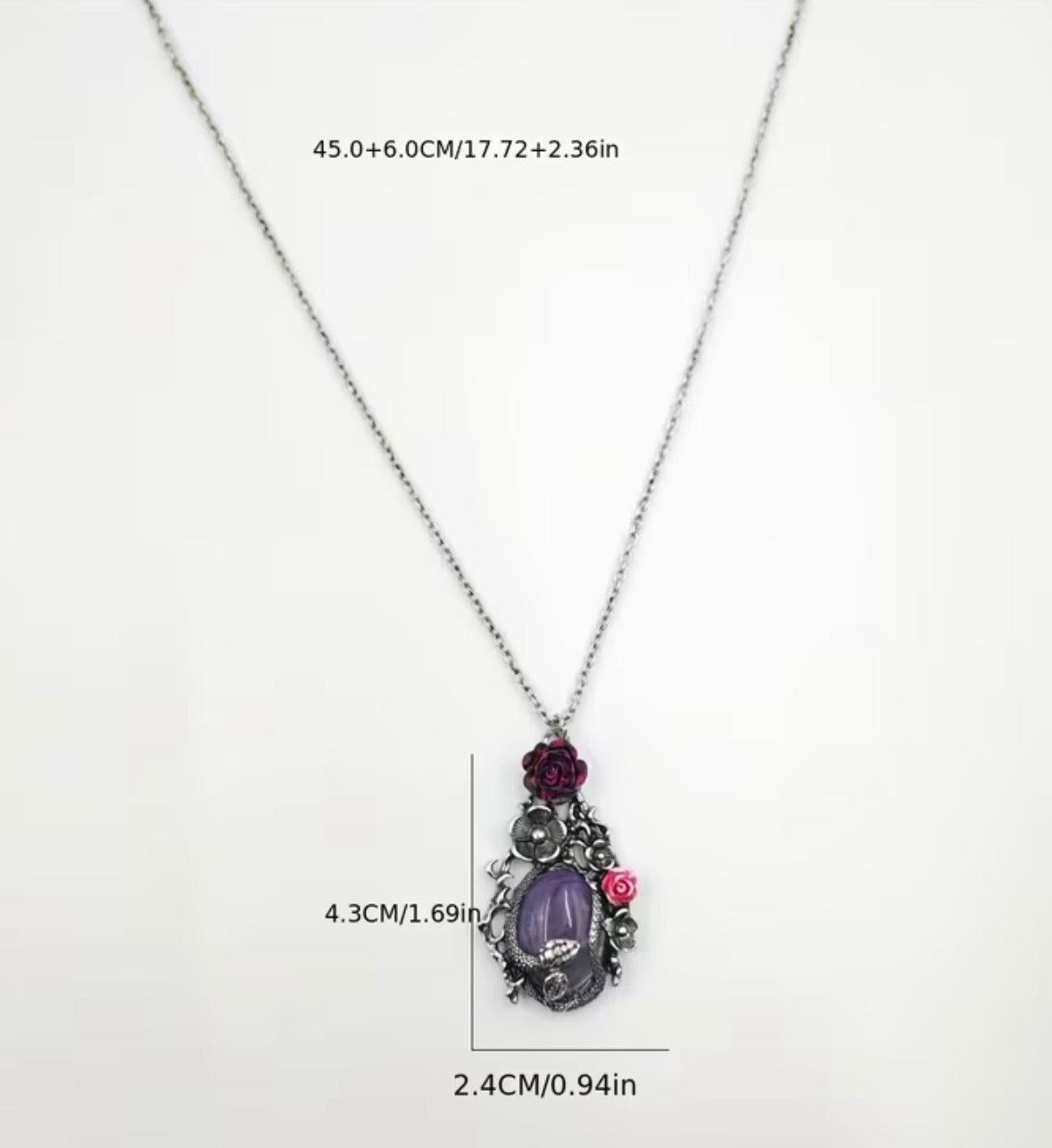 Gothic Amethyst Snake And Rose Necklace