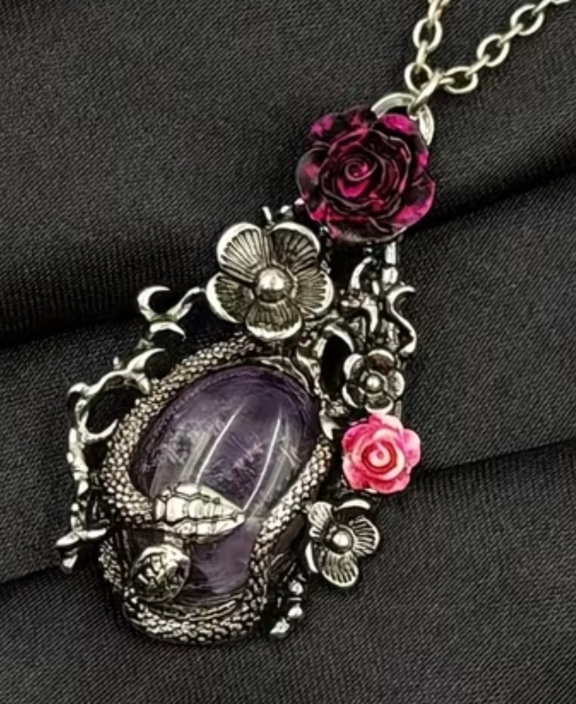 Gothic Amethyst Snake And Rose Necklace