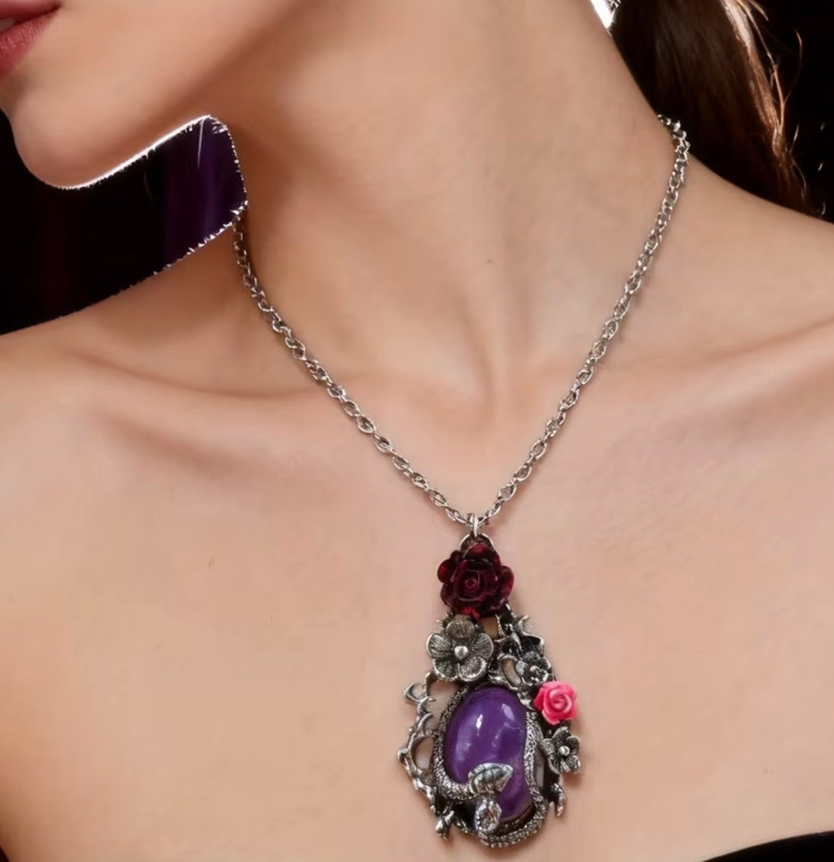 Gothic Amethyst Snake And Rose Necklace