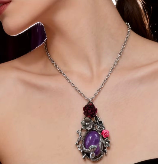 Gothic Amethyst Snake And Rose Necklace