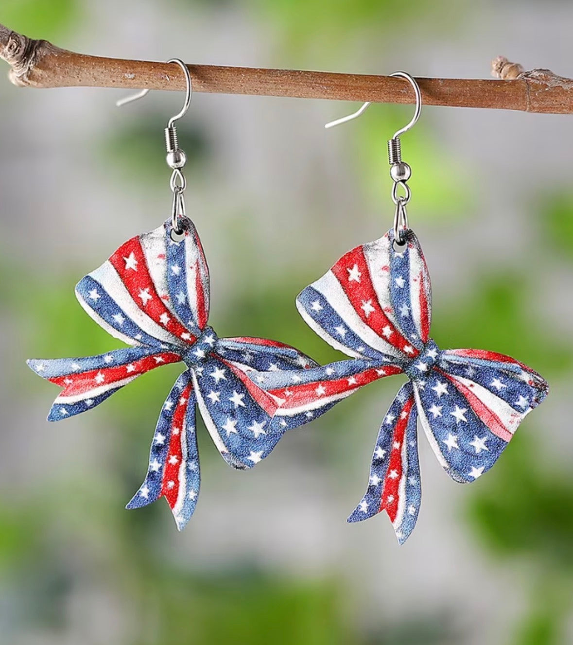 Red, White And Blue Star Bow Pendant Earrings