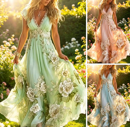Short Sleeve Long Flared Floral Dress
